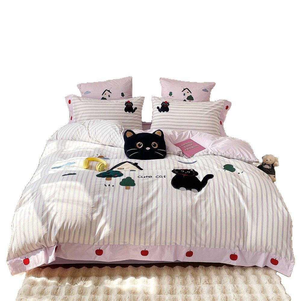 Verspielt Appliqué Katze gestreiftes Bettwäsche Set mit passenden Kissenbezügen