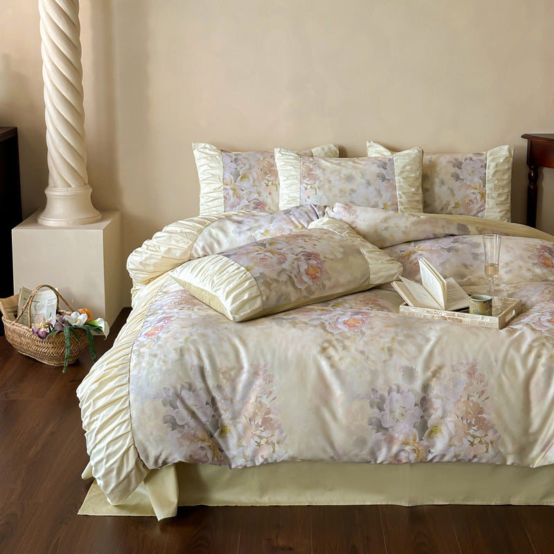 Pastell Aquarell Floral Satin-Trim Rüsch Bettbezug Set