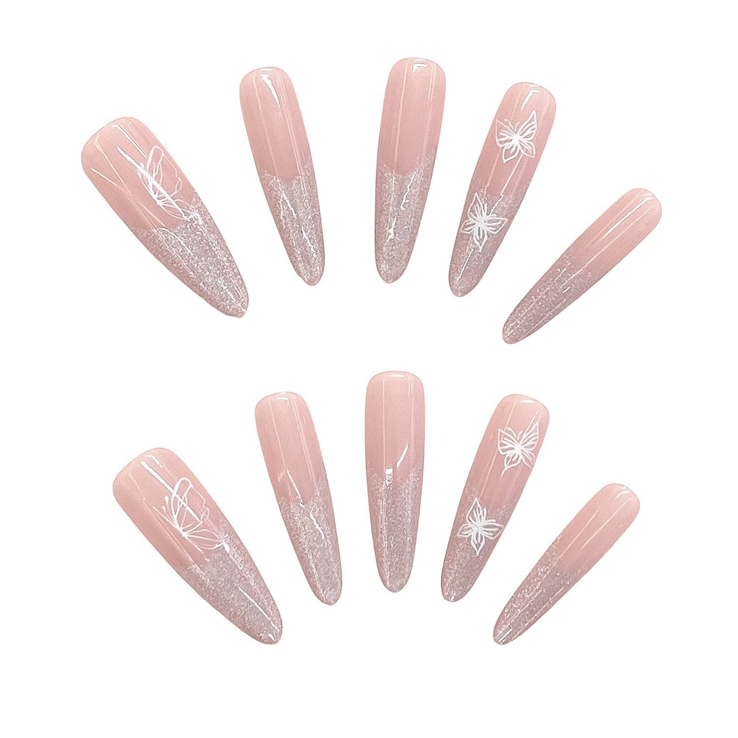 Ausgefallene Glitzer Ombre Press-On Nägel mit künstlerischem Schmetterlingsdesign Brehn