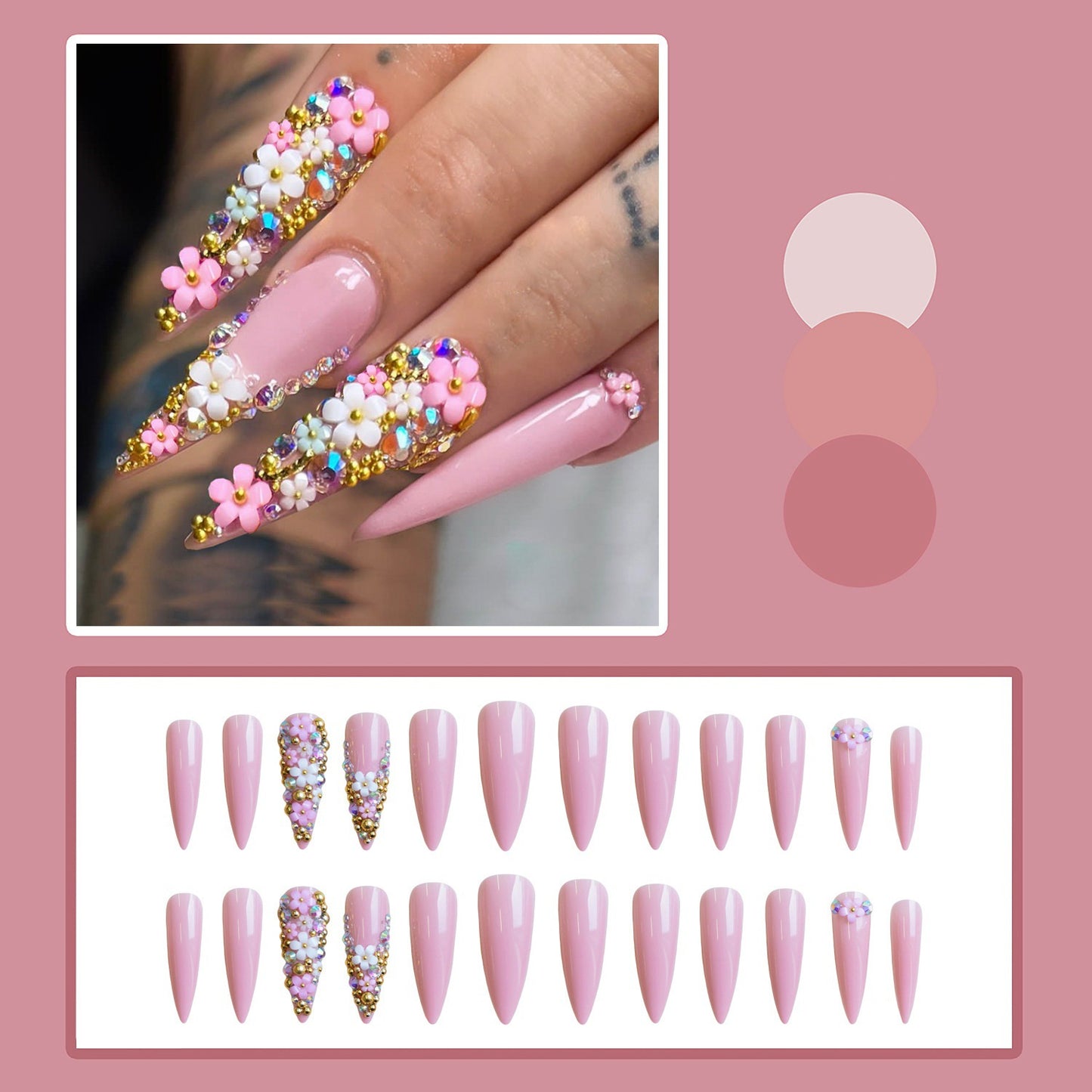 Kunstnagelset mit floralen 3D-Verzierungen und Glitzer Brehn