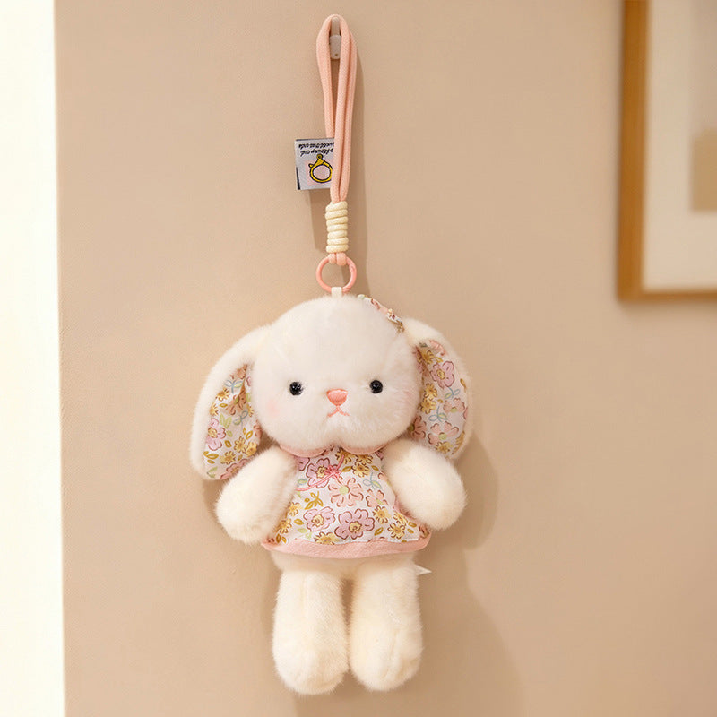 Plüsch Hase Taschenanhänger Schlüsselanhänger mit dekorativem Bogen und floralem Kleid Brehn