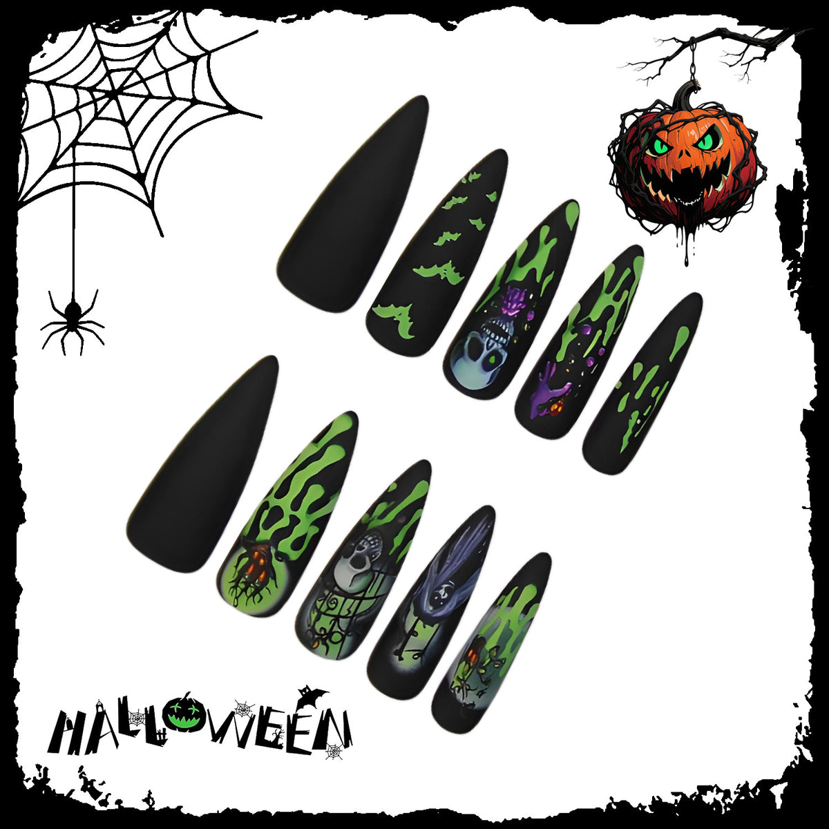 Künstliche Halloween Kunstnägel mit kreativen Geister- und Spinnenmotiven Brehn