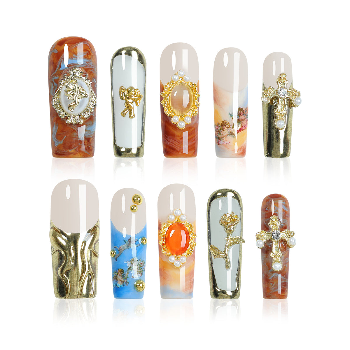Kreatives Kunstnagelset mit luxuriösen Verzierungen Brehn