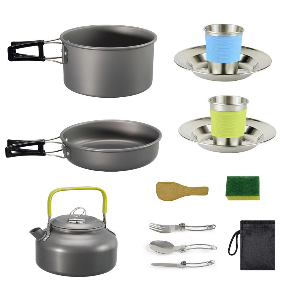 leichtes hart-anodisiertes Campinggeschirrset mit klappbaren Griffen, kompaktem Wasserkocher und Edelstahlbechern Teller Brehn