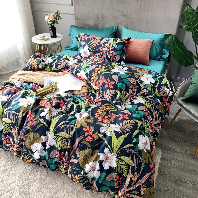 Botanisches Baumwoll-Satin Bettbezug-Set mit umkehrbarem Bezug