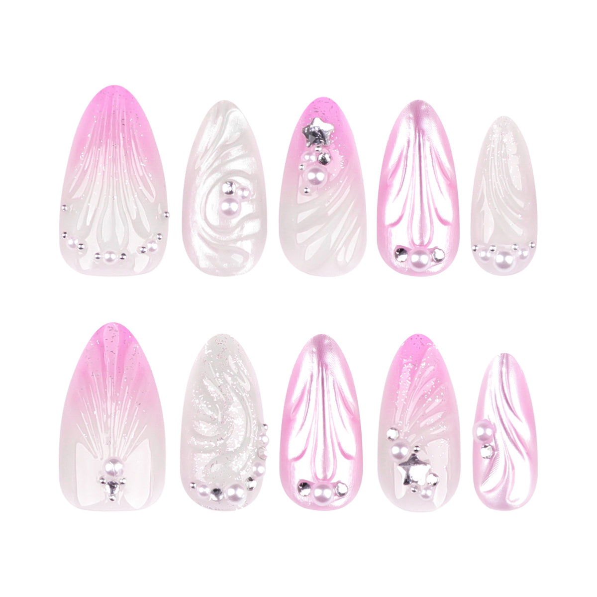 Künstliche Nagelkunst mit elegantem Swirl-Design und Perlenverzierungen Brehn