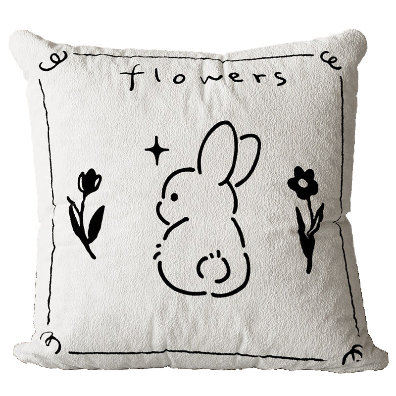 Square Plush Textured Decorative Pillow Cover with Hand-Drawn Pizza Illustration and Botanical Accents