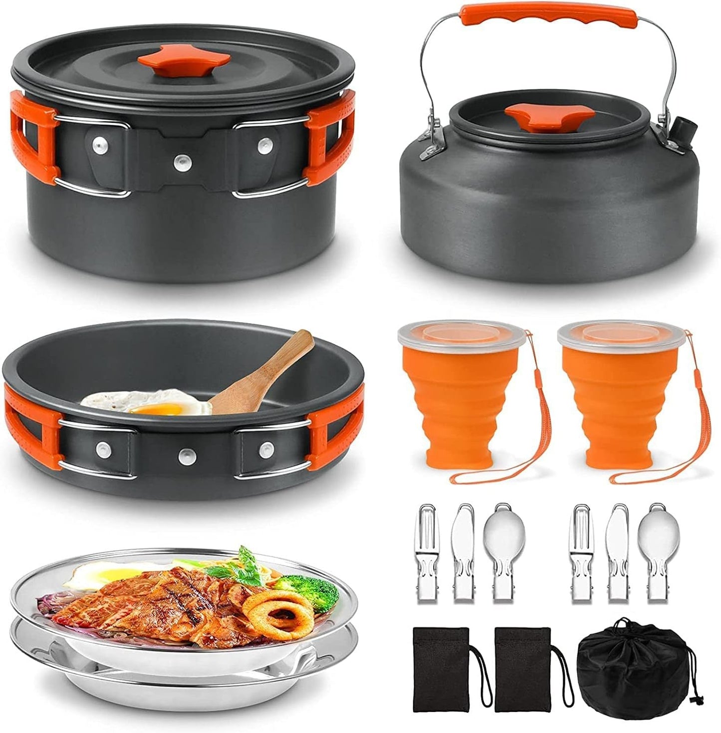 leichtes, antihaftbeschichtetes, anodisiertes Aluminium Campinggeschirrset mit einem Topf und Wasserkocher mit klappbarem Griff, zusammenklappbaren Silikontassen, Edelstahltellern und Besteck Brehn