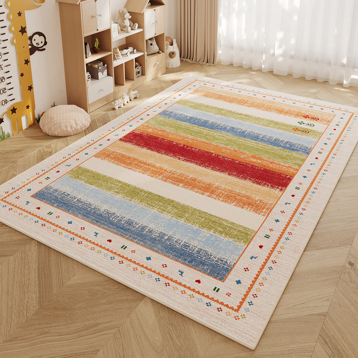 Low-Pile Kids' Playroom Area Rug with Colorful Patchwork Border