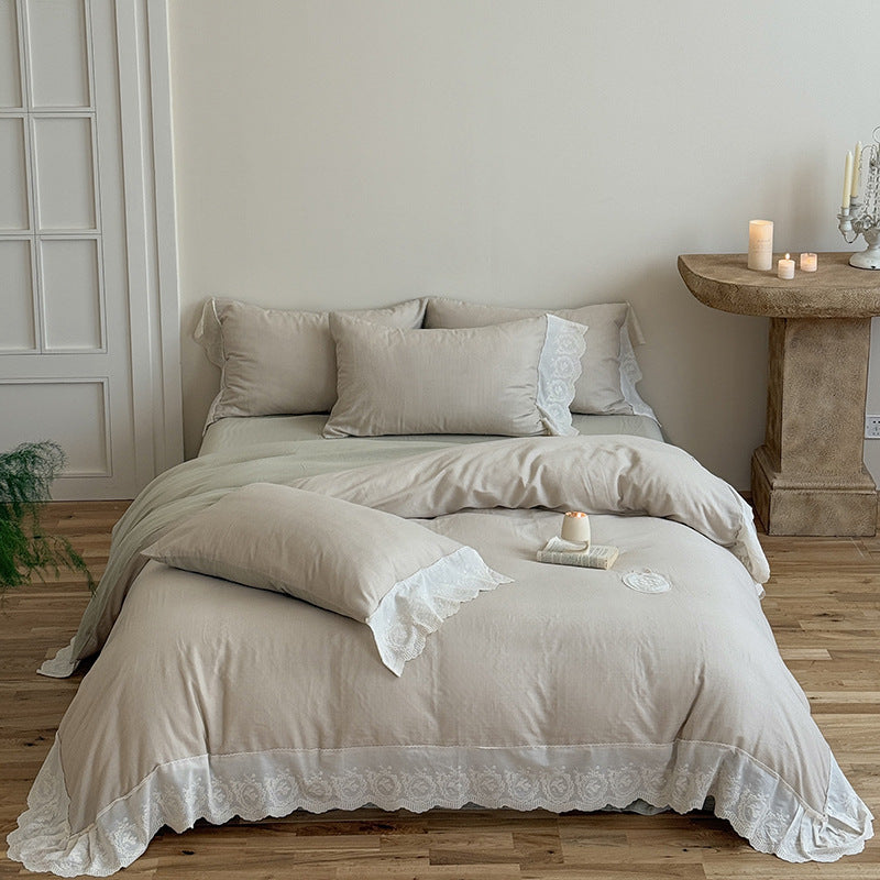 Rüsch Lace-Trim Baumwolle Duvet Cover Bettwäsche Set mit gewelltem gesticktem Saum