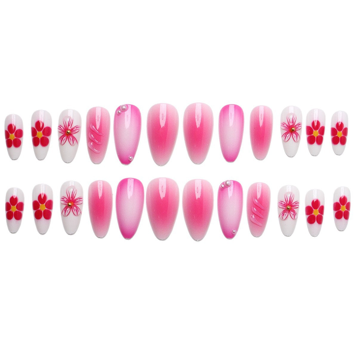 Kunstnagelset mit filigranen Blüten-Designs und schimmernden Akzenten Brehn