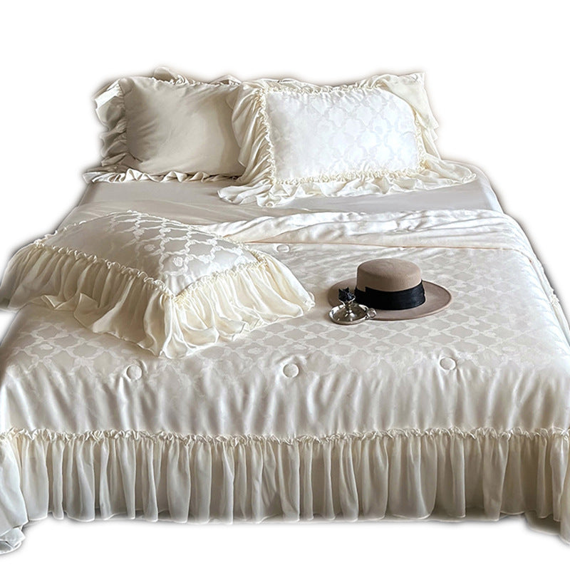 Elegantes Satin-Bettwäscheset mit großzügigem Rüschenvolant und Ton-in-Ton Jacquardmuster