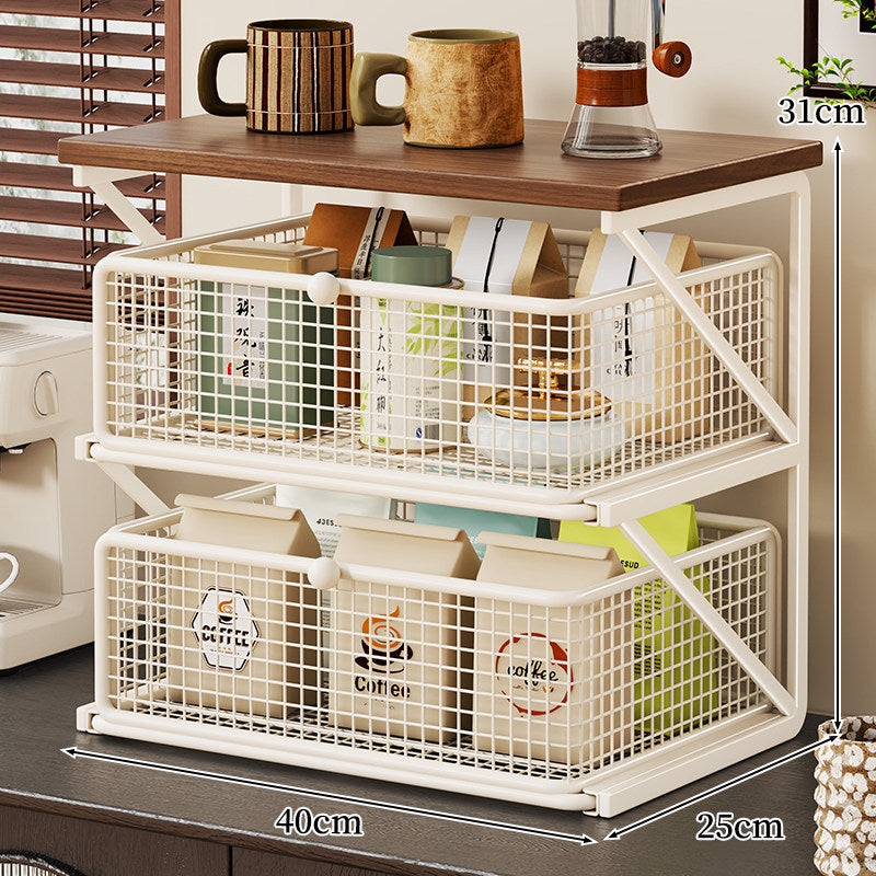 Küchenarbeitsplatte Kaffee Station Organizer mit Holzoberfläche und Metalldrahtkorb