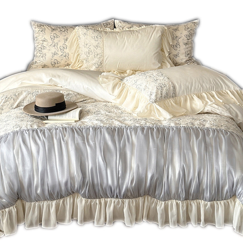 Luxus-Bettwäsche-Set mit gerafftem Satin-Dekor, floraler Jacquard-Bettdecke & Volant-Kissen