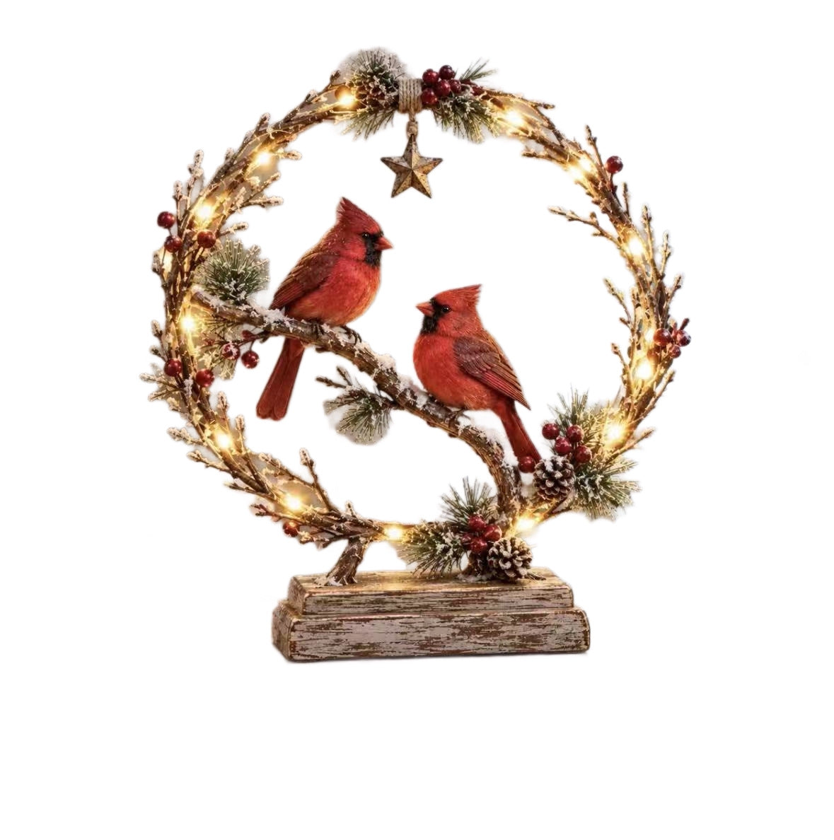 Dekorativer Weihnachtskranz mit Lichtern und Vögeln Brehn
