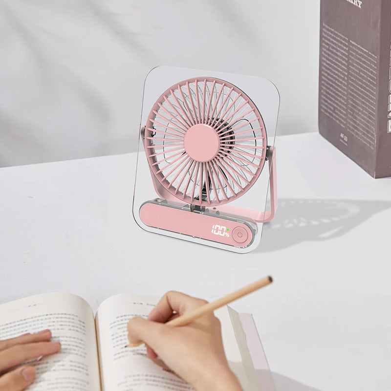 Kühlender klarer Acrylrahmen wiederaufladbarer tragbarer Tischfan mit digitaler Batterieprozentsanzeige und faltbarem Griff Brehn