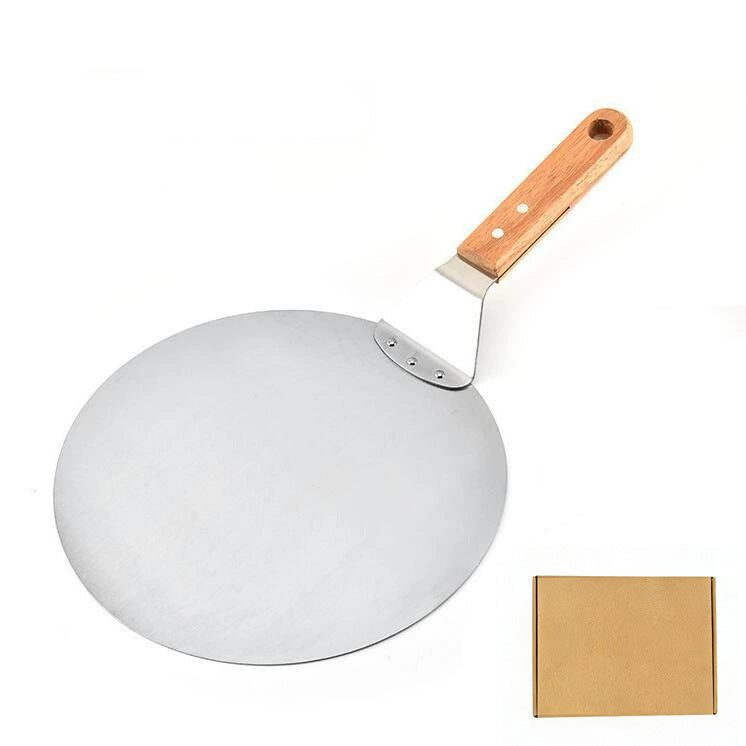 dünner runder Pizzaschieber aus Edelstahl mit Holzgriff Brehn