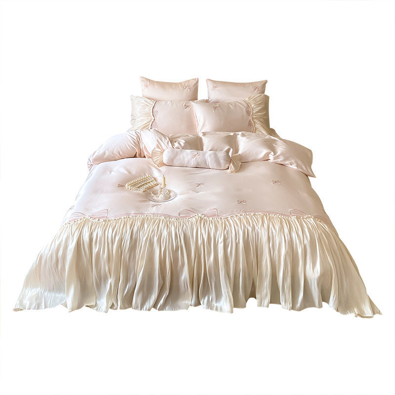 Luxuriöses Satin-Rüschenschleife-besticktes Bettwäsche-Set