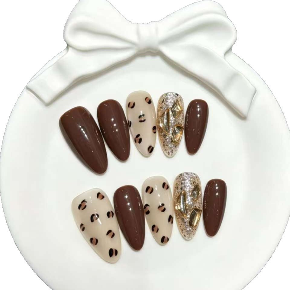 Künstlerisches Press-On Nagelset mit Strass und Leopardenmuster