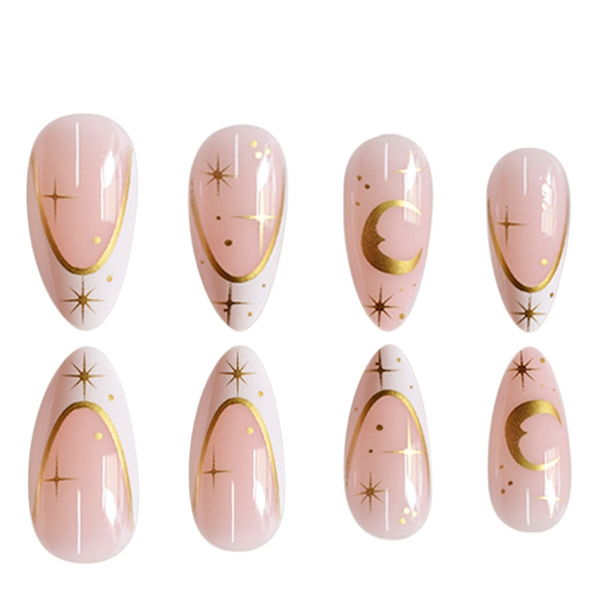 Künstlerische Stiletto Press-On-Nagelerweiterungen mit goldenen Akzenten Brehn
