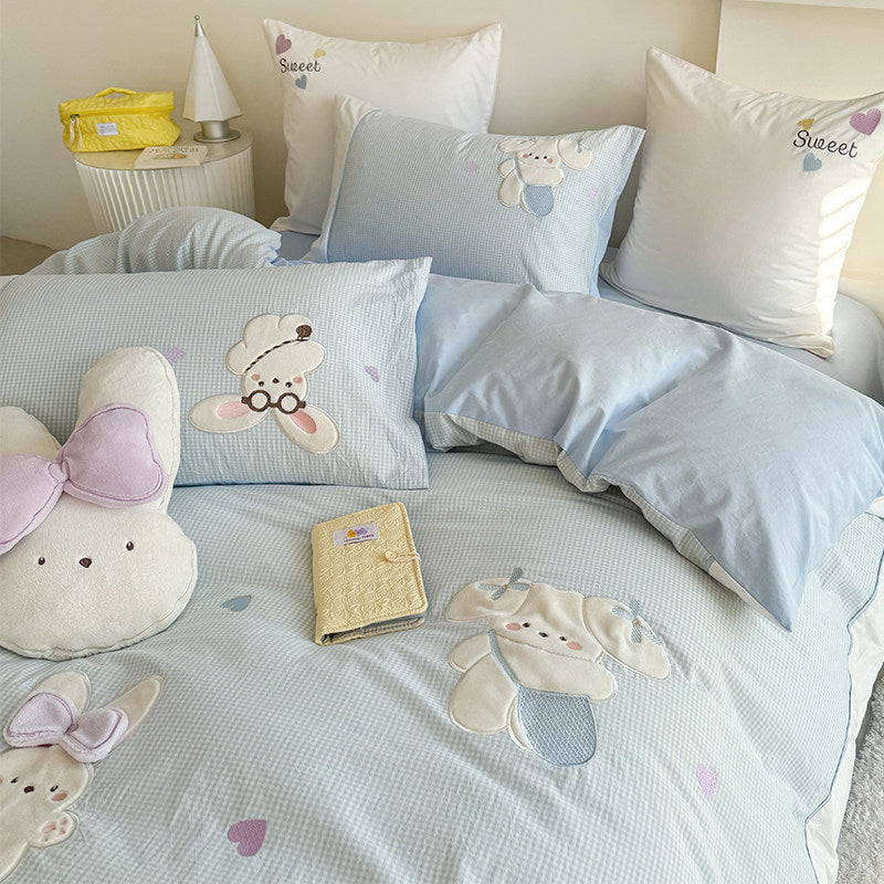 Baumwolle Percale Hase Applikation Bettbezug Set mit Plüsch Akzentkissen