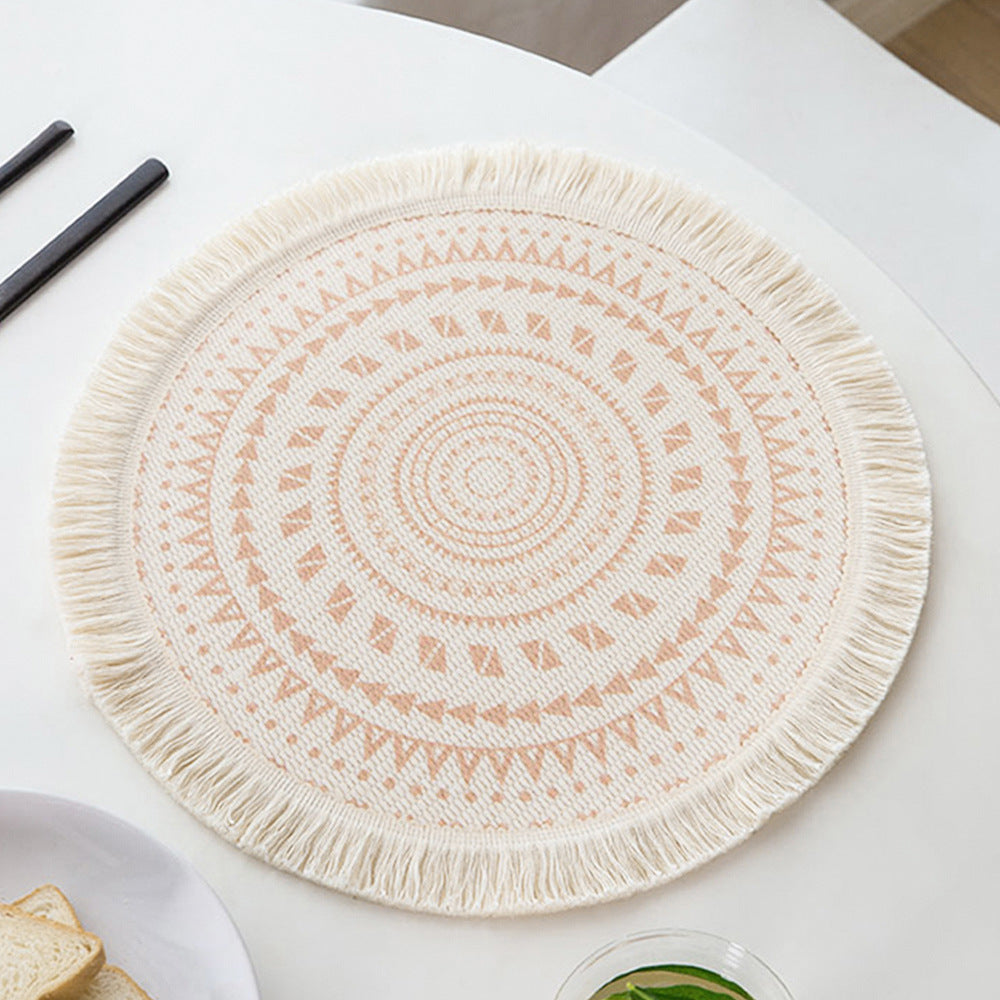 Rundes gewebtes Tischset mit Fransen und Mandala-Jacquardstruktur Brehn