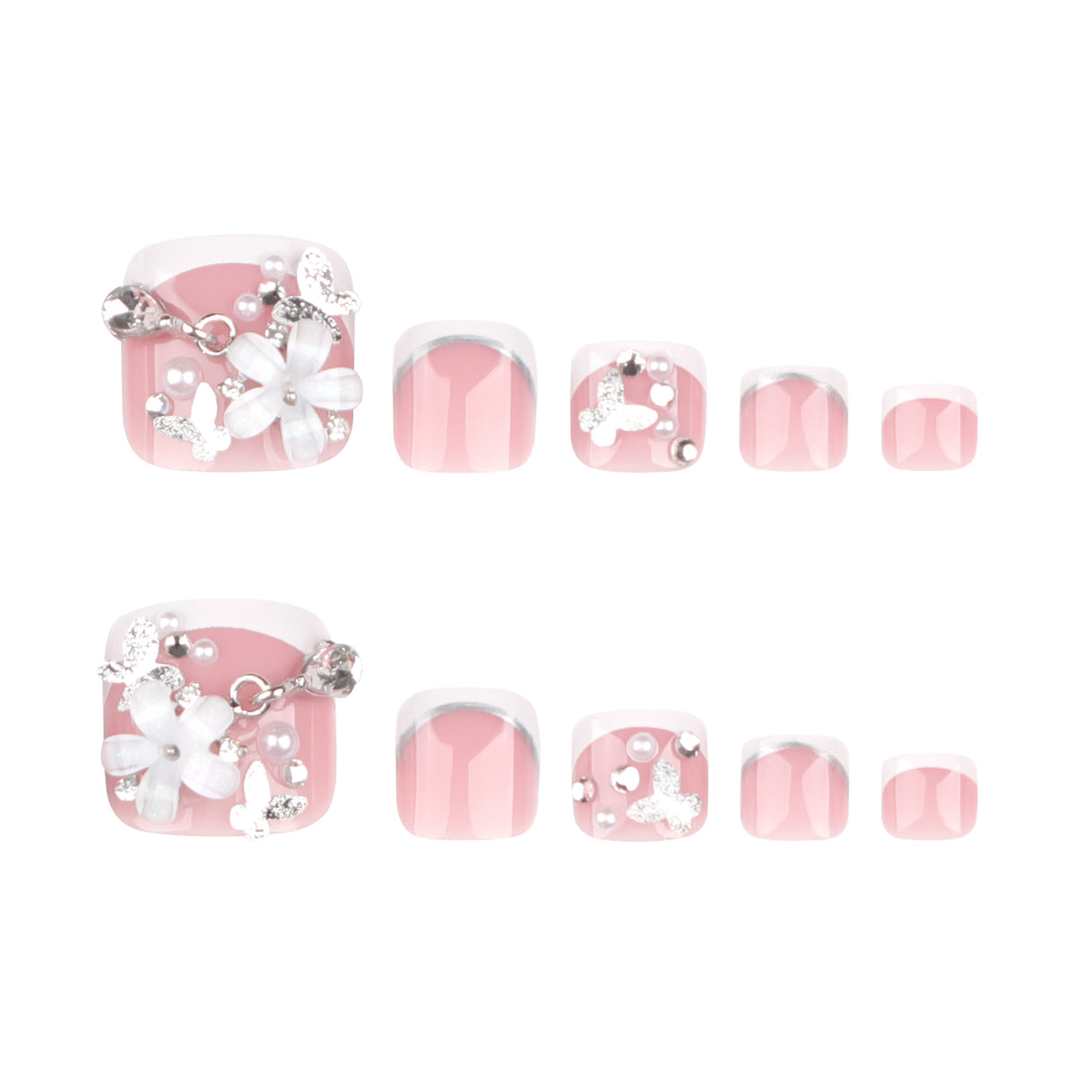Kunstvolle Fußnagelgestaltung mit eleganten Blüten- und Glitzerakzenten Brehn