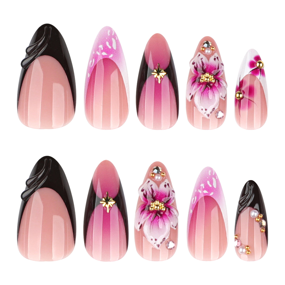 Kunstvolle Stiletto-Nägel mit blühendem Design und Glitzerakzenten Brehn