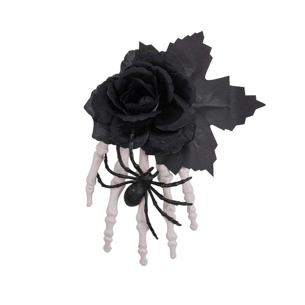 Gothic-Haarclip mit Stoffrose, Skelettfingern und Spinnen-Applikation