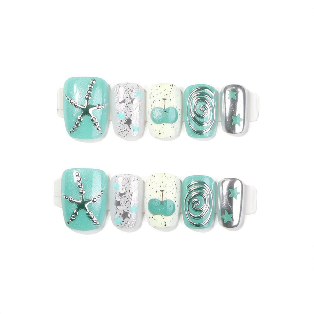Dekorativer Press-On Nagelkunst Set mit Seesternen und silbernen Akzenten Brehn