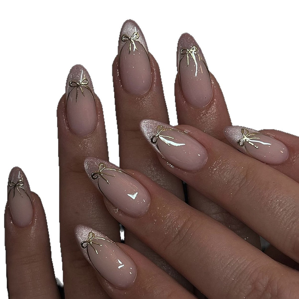 Kunstnagelset mit schimmernden Spitzen und eleganten Schleifen Brehn