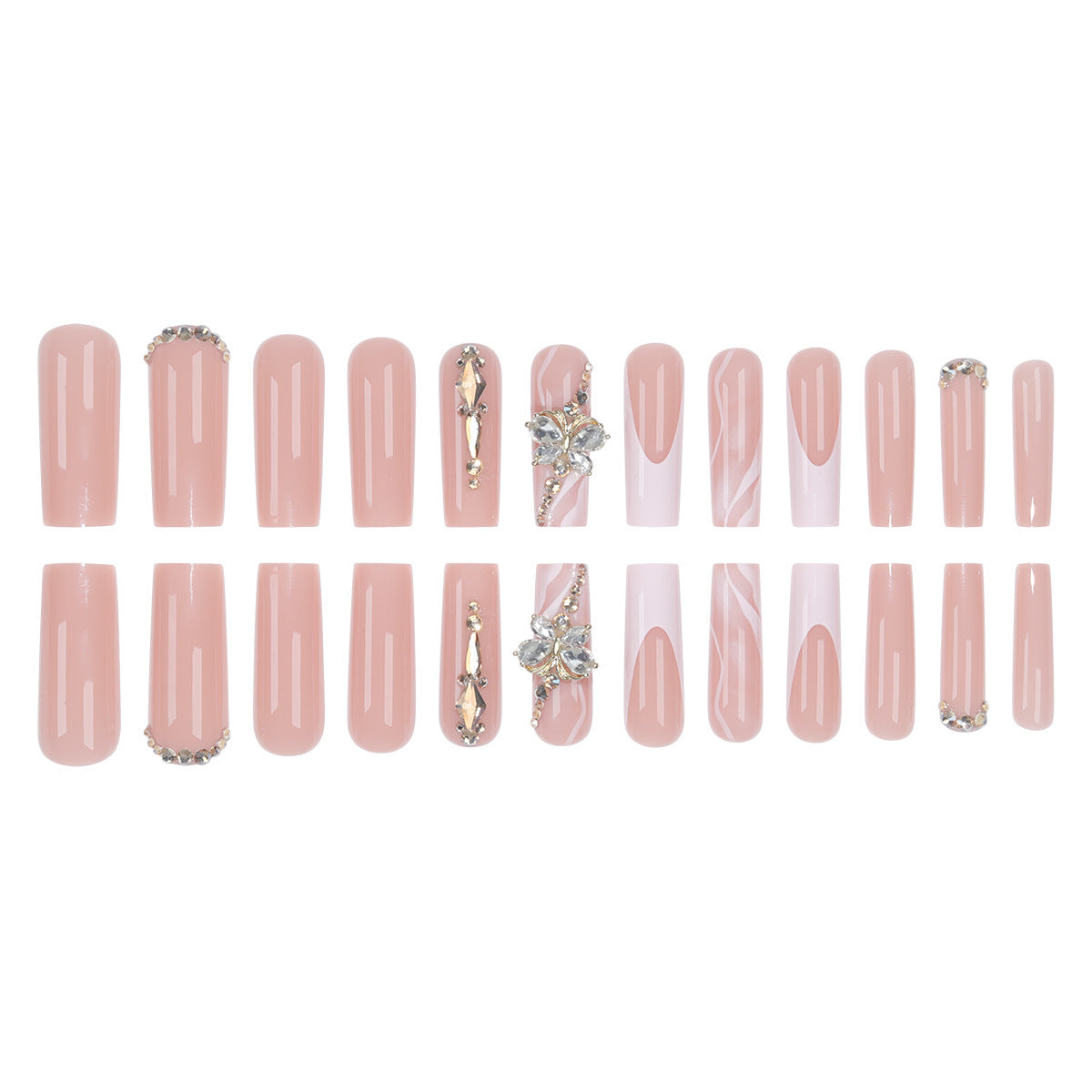 Elegante Lange Press-On Nagelset mit Dekorativen Edelsteinen und Blumenakzenten Brehn