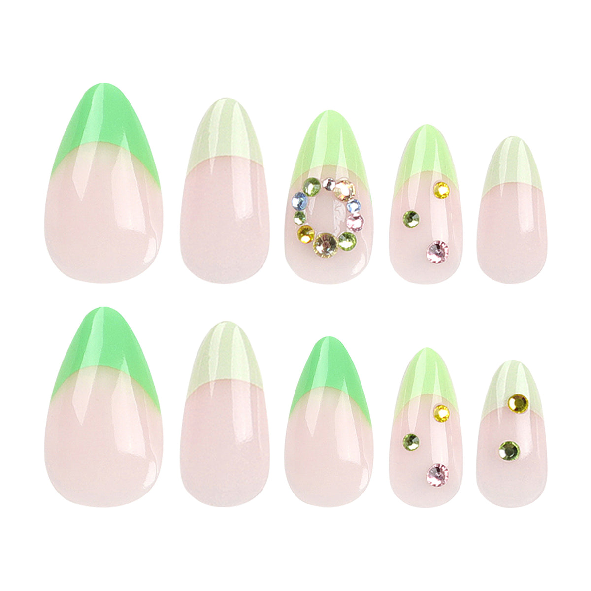 Künstliche Nagelkunst mit frühlingshaftem Design und funkelnden Akzenten Brehn