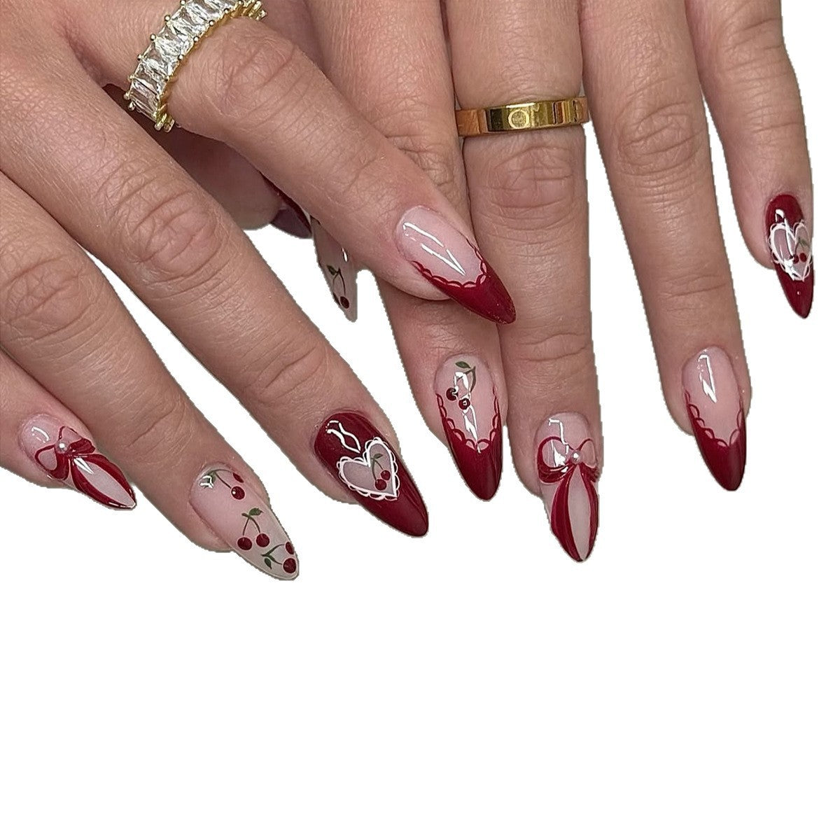 Kreatives Nagelset mit romantischen Herz- und Schleifenakzenten Brehn
