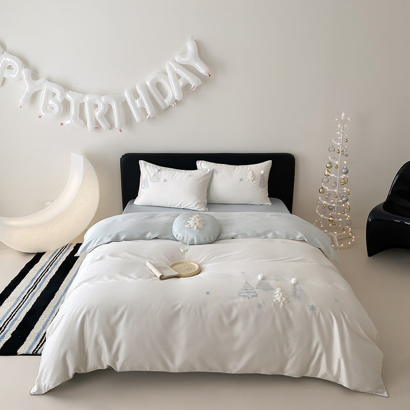 Besticktes Pom-Pom Baumwollsatin Bettwäsche Set mit dekorativem runden Kissen