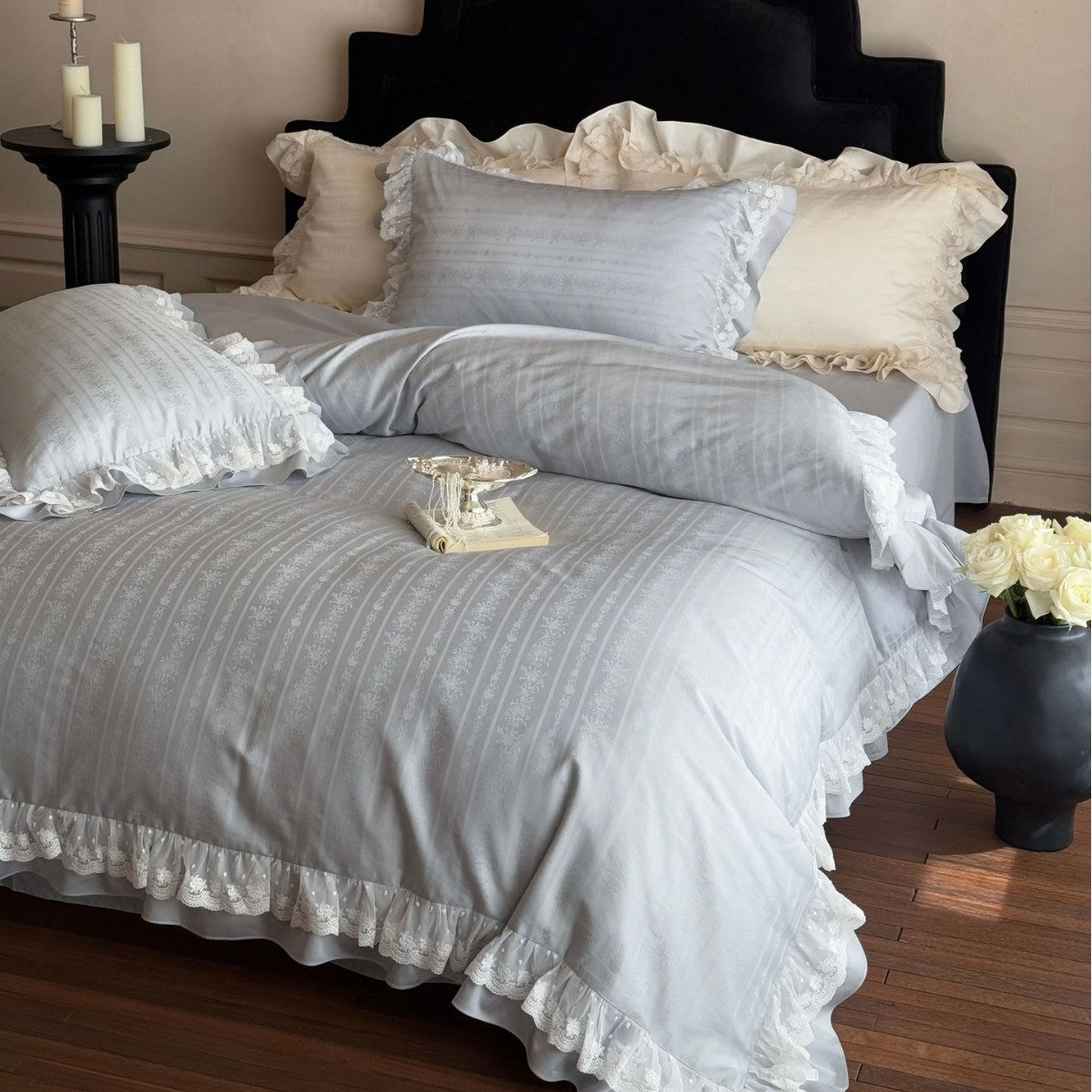 Vintage-inspiriertes Rüschensatin-Jacquard-Bettbezug-Set