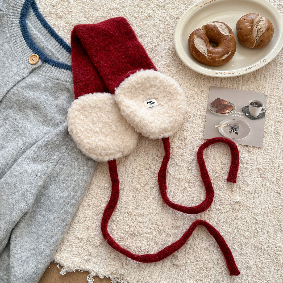 Faux-Shearling gefüttertes gestricktes Ohrwärmer-Schal-Stirnband mit langen Bändern Brehn