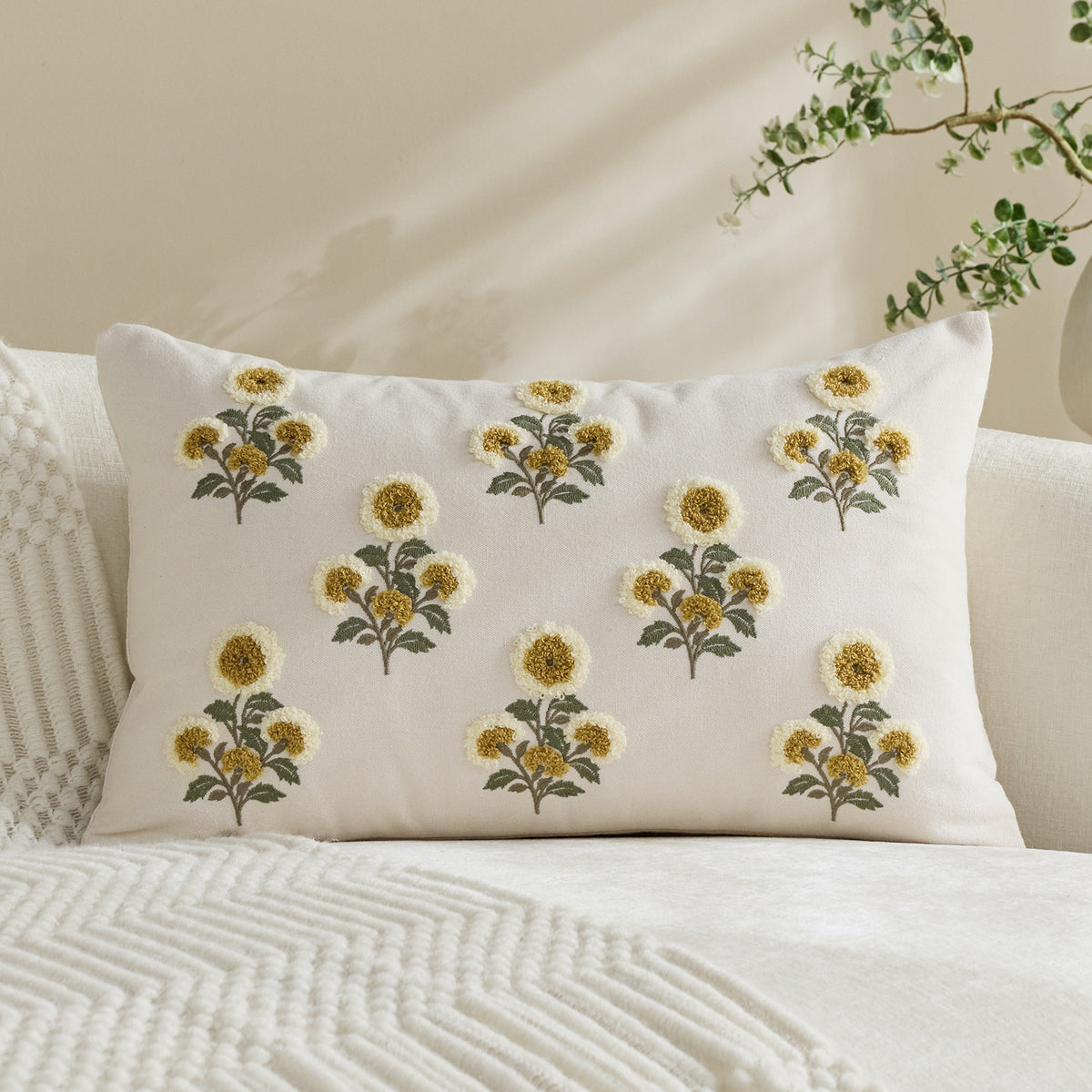 Gepolsterter Floral Bestickter Dekorativer Wurfkissenbezug