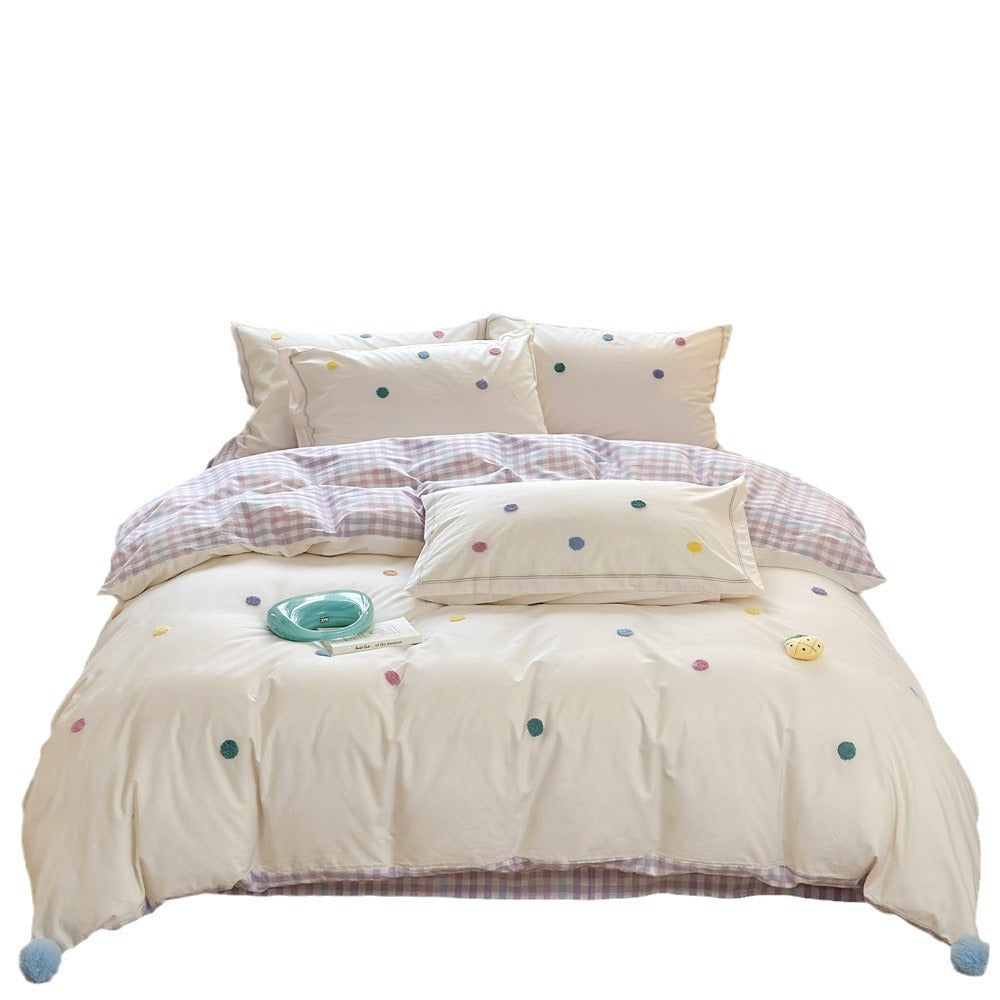 Bestickte Pastell-Punkt reversible Betthüllen-Set mit Pom-Pom-Ecken
