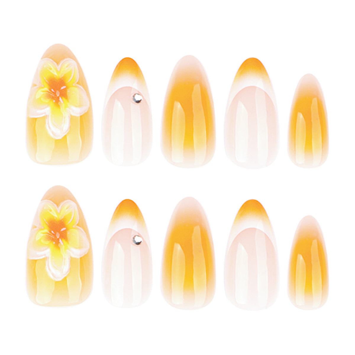 Kunstvolle Nagelverlängerungen mit zartem Ombre-Effekt und floralen Akzenten Brehn