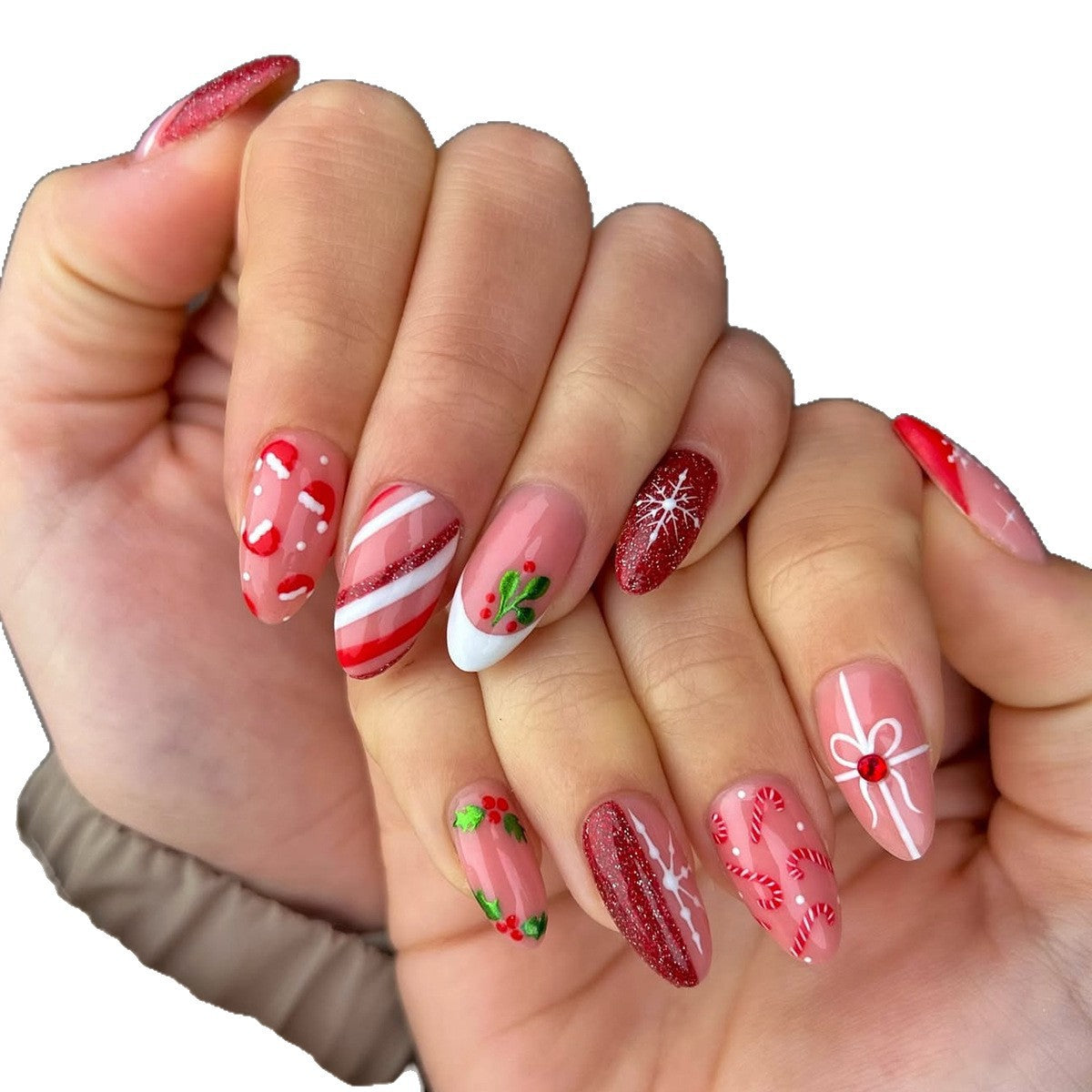 Kunstnagelset mit festlichen Zuckerstangen- und Weihnachtsmotiven Brehn