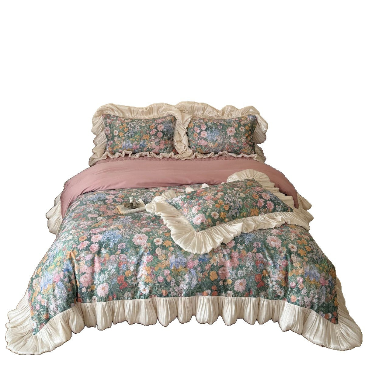 Florale Bettwäsche-Garnitur mit plissiertem Volant und Vintage-Blumenprint