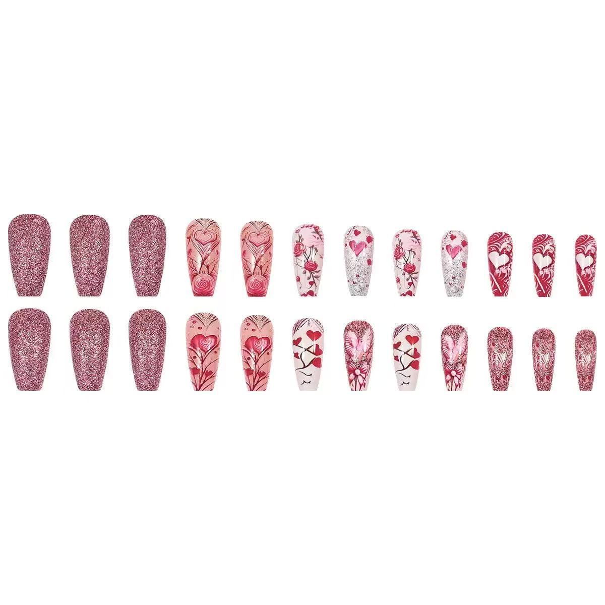 Kunstnagelset mit romantischen Herz- und Blumenmotiven Brehn
