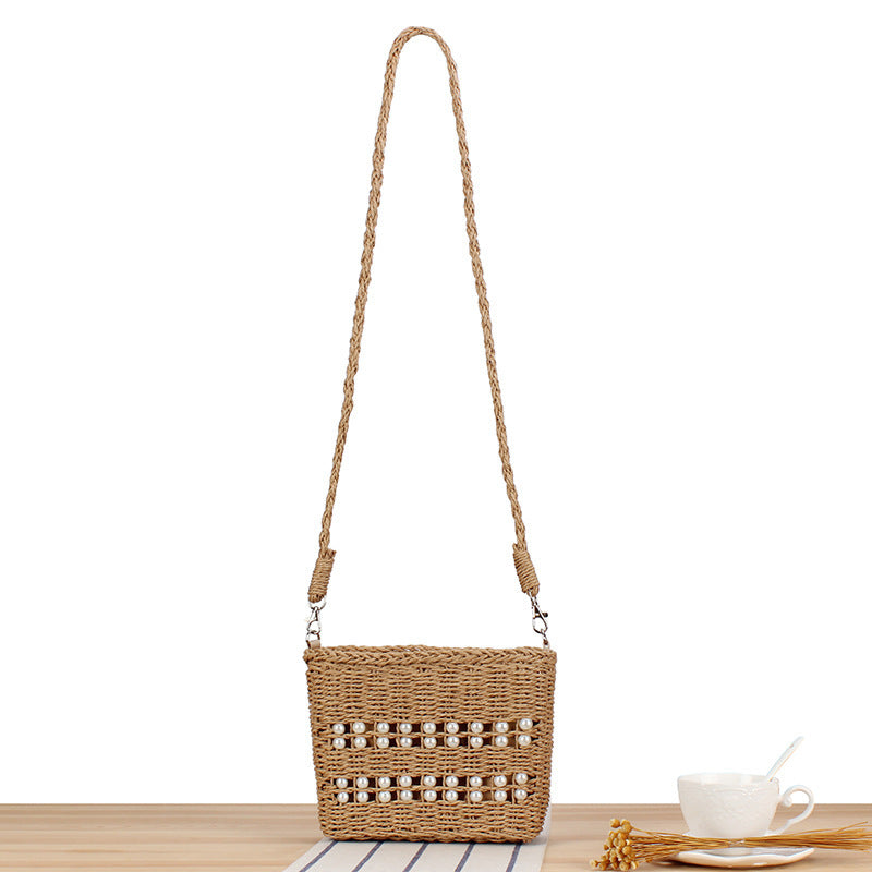 Handtasche Aus Handgewebtem Naturmaterial mit Perlenverzierung Brehn