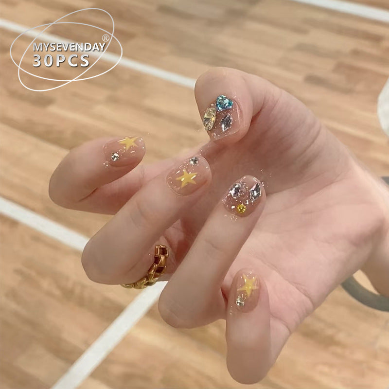 Künstlerisches Press-On Nagelset mit Edelsteinen und Sternelementen Brehn