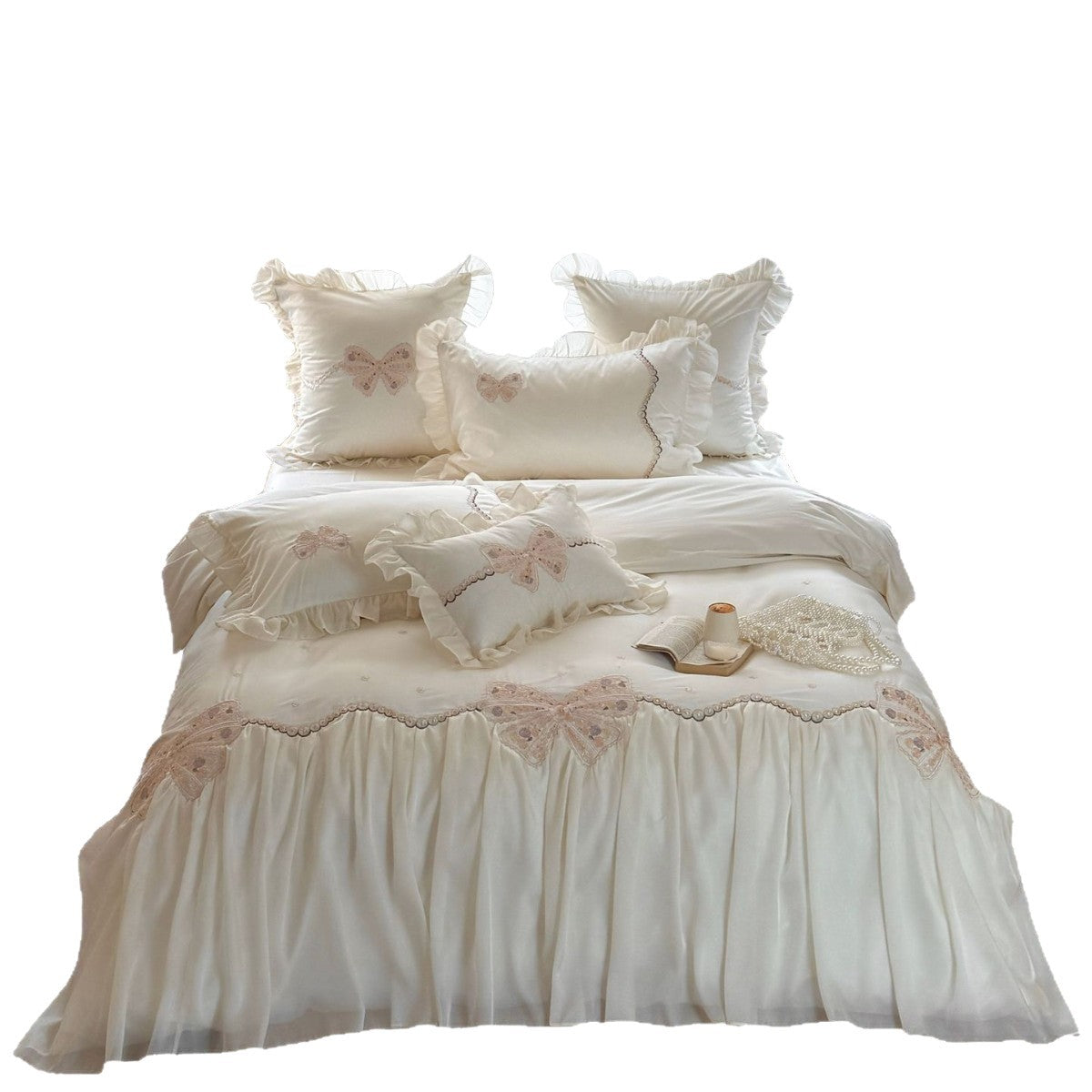 Romantisches Bettwäschenset mit Chiffon‑Volant, zarter Spitzen- und Schmetterlingsstickerei
