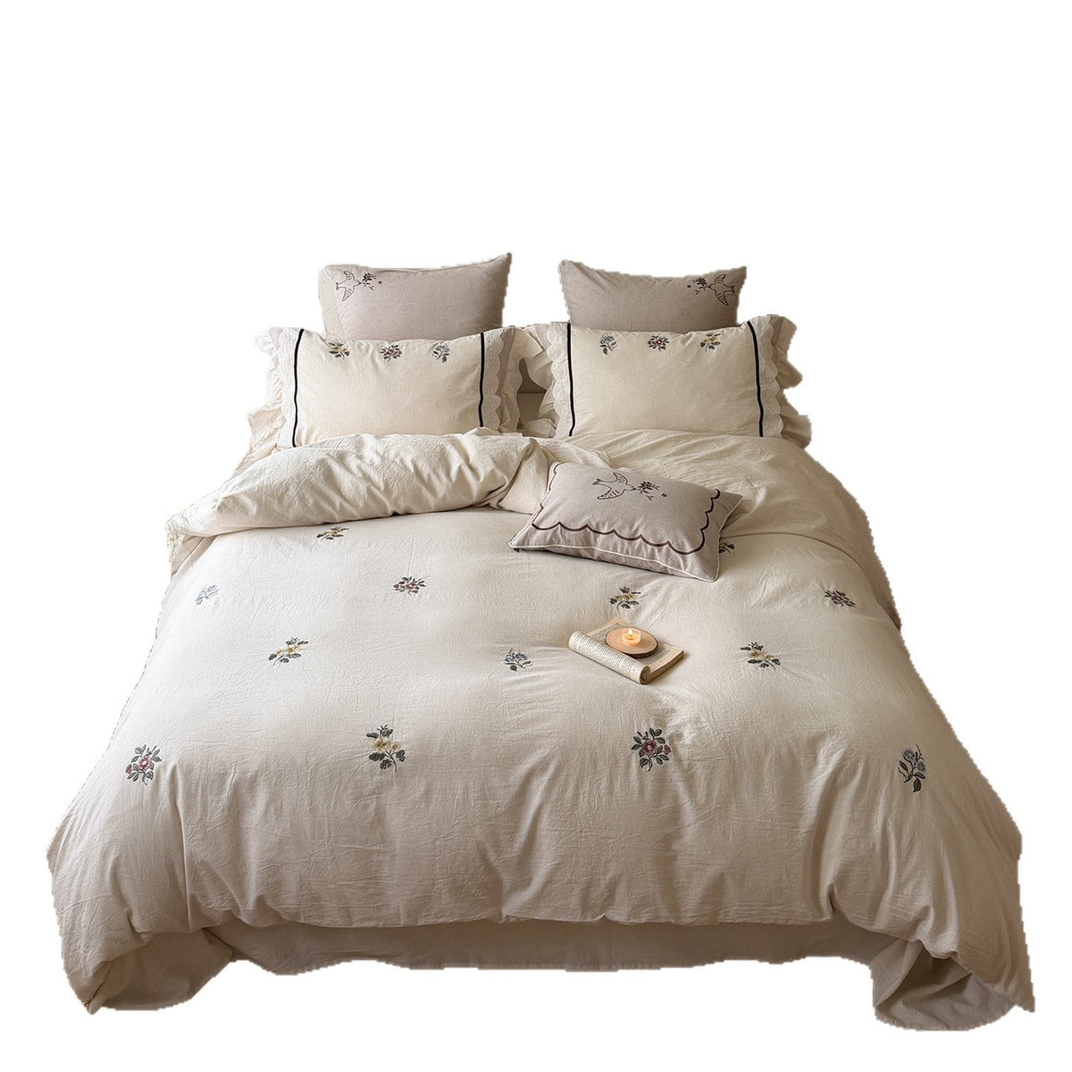 Botanisch Besticktes Leichtes Stonewashed Baumwoll-Leinen Bettbezugset