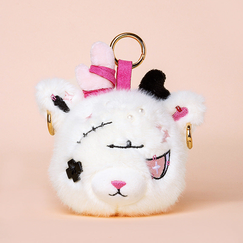 Faux-Fur Bunny Charm Schlüsselanhänger mit gesticktem Patchwork-Gesicht und goldenem Metallring Brehn