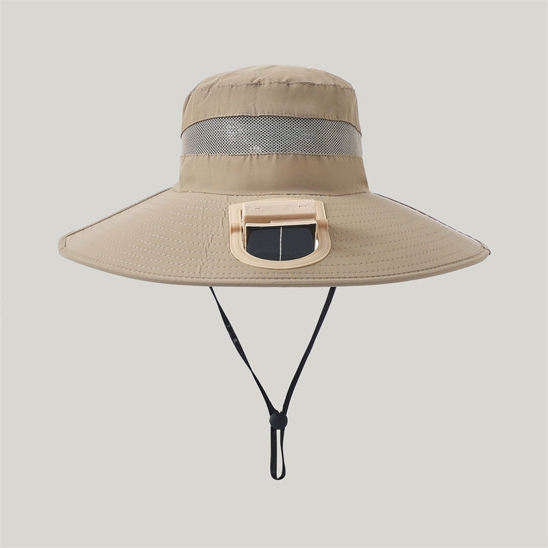 breiter Outdoor-Sonnenhut mit Solarmodul, leisem Mini-Ventilator und verstellbarem Kinnriemen Brehn