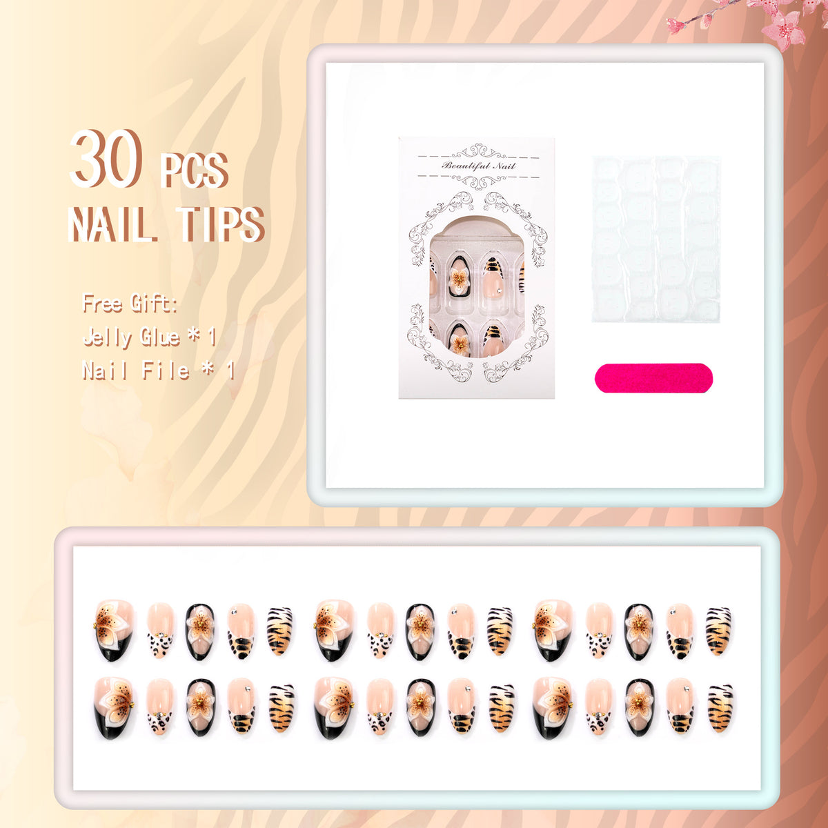 Künstlerisches Press-On-Nagelset mit floralem und tierischen Druckdesigns
